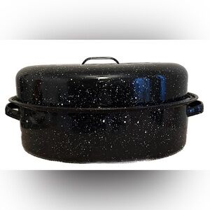 Vintage Graniteware Large 18" Dark Blue Speckled Roaster With Lid
